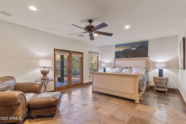 bedroom with french doors, access to exterior, and ceiling fan