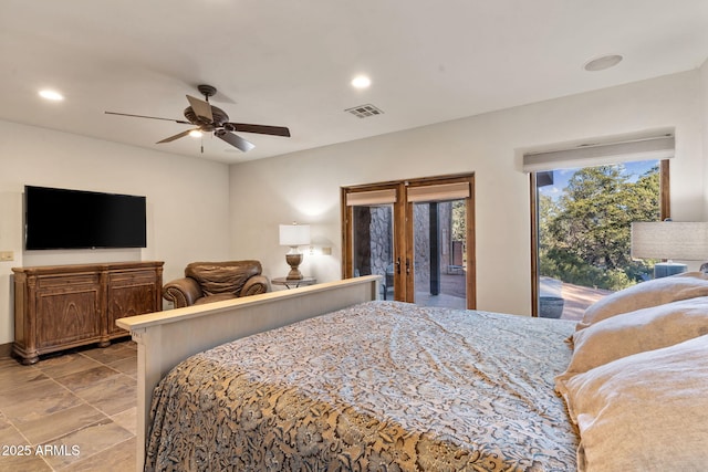 bedroom featuring access to outside, french doors, and ceiling fan