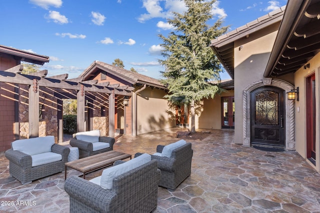 view of patio featuring a pergola and outdoor lounge area