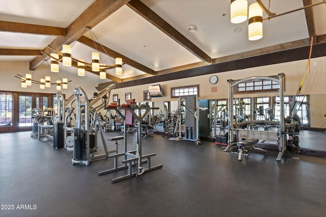 exercise room featuring high vaulted ceiling