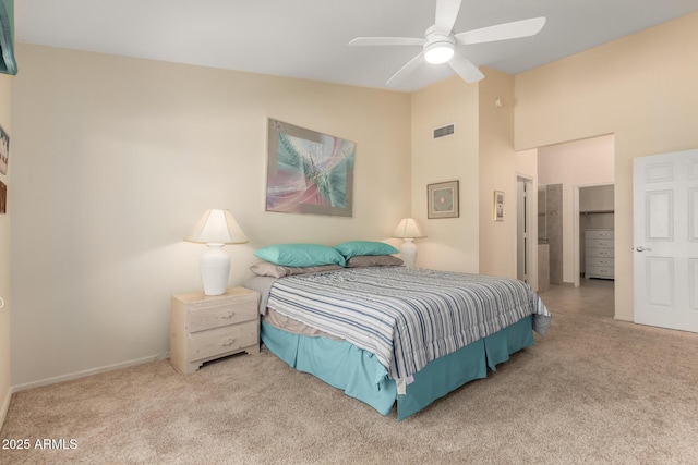 bedroom with visible vents, carpet, ceiling fan, and vaulted ceiling