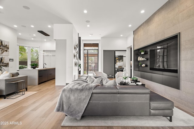 living room with sink, plenty of natural light, and light hardwood / wood-style flooring