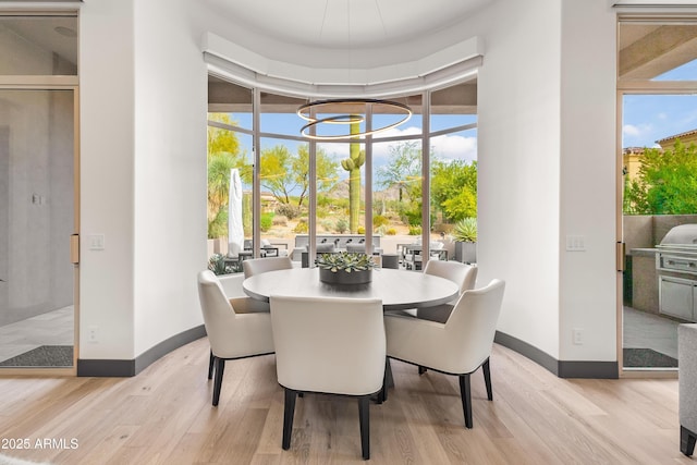 dining area featuring plenty of natural light and light hardwood / wood-style flooring