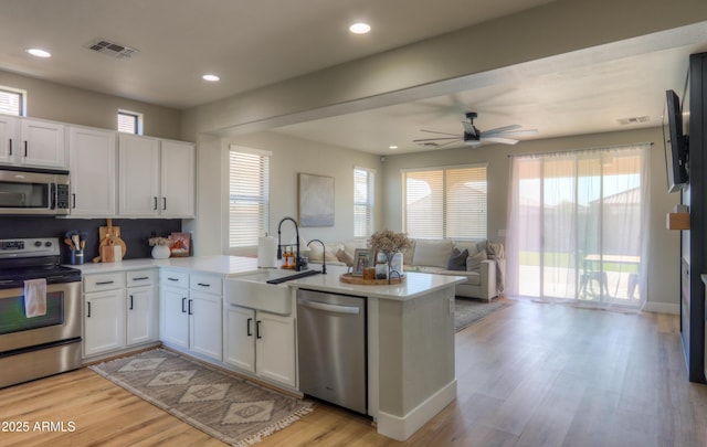 kitchen featuring appliances with stainless steel finishes, open floor plan, a peninsula, light countertops, and a sink