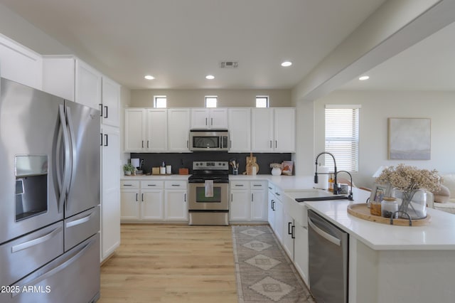 kitchen featuring light countertops, appliances with stainless steel finishes, white cabinetry, a sink, and a peninsula