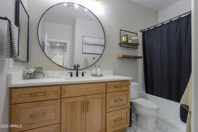 full bathroom featuring visible vents, shower / bath combo, vanity, and toilet