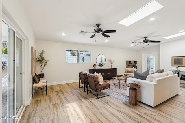 4920 E Osborn Rd, Phoenix, AZ 85018 - living room featuring a skylight, plenty of natural light, light wood-style flooring, a ceiling fan, and recessed lighting