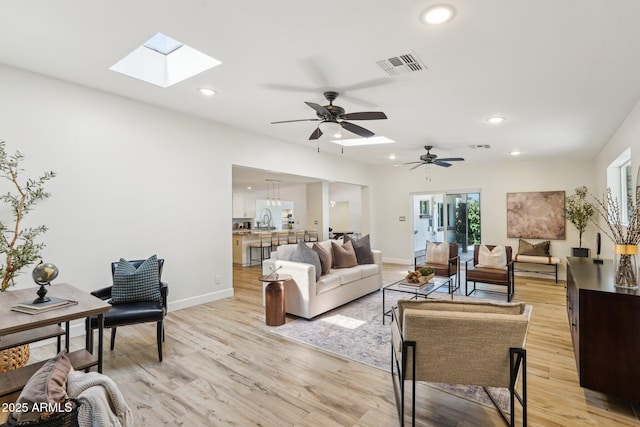4920 E Osborn Rd, Phoenix, AZ 85018 - living area featuring light wood-type flooring, baseboards, a ceiling fan, recessed lighting, and a skylight
