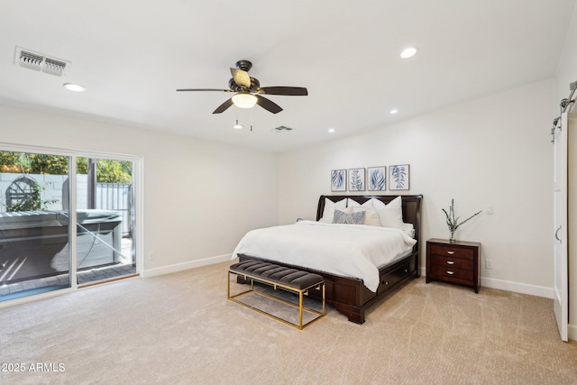 4920 E Osborn Rd, Phoenix, AZ 85018 - bedroom featuring access to exterior, light colored carpet, baseboards, recessed lighting, and ceiling fan