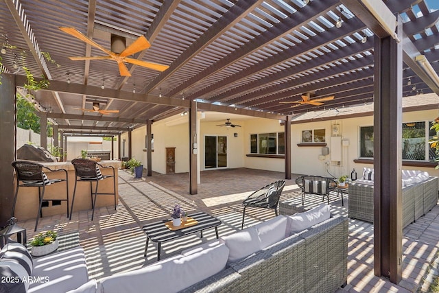 4920 E Osborn Rd, Phoenix, AZ 85018 - view of patio / terrace with ceiling fan, an outdoor living space, a pergola, and area for grilling