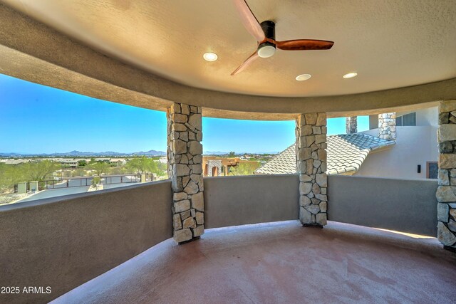 3903 E Melody Dr, Phoenix, AZ 85042 - view of patio / terrace featuring a balcony, a mountain view, and ceiling fan