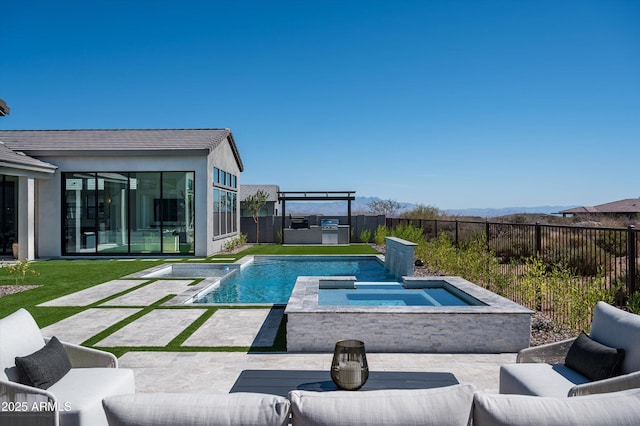 view of swimming pool featuring a fenced backyard, an in ground hot tub, area for grilling, outdoor lounge area, and a fenced in pool