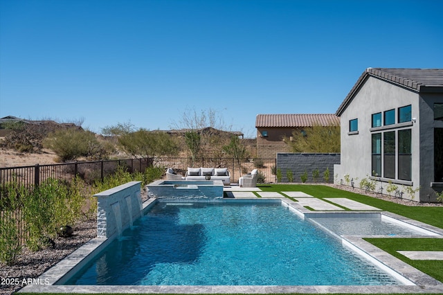 view of pool with a fenced in pool, outdoor lounge area, a patio, and a fenced backyard