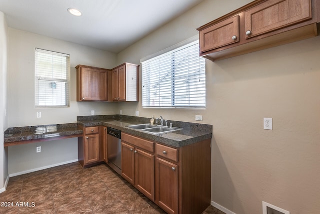 kitchen with stainless steel dishwasher, sink, and dark tile patterned floors