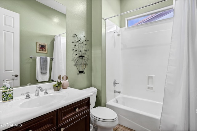 bathroom with tile patterned flooring, vanity, toilet, and shower / bathtub combination with curtain