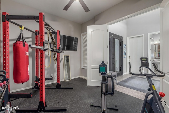 1342 E Milada Dr, Phoenix, AZ 85042 - exercise room featuring a ceiling fan, lofted ceiling, and baseboards