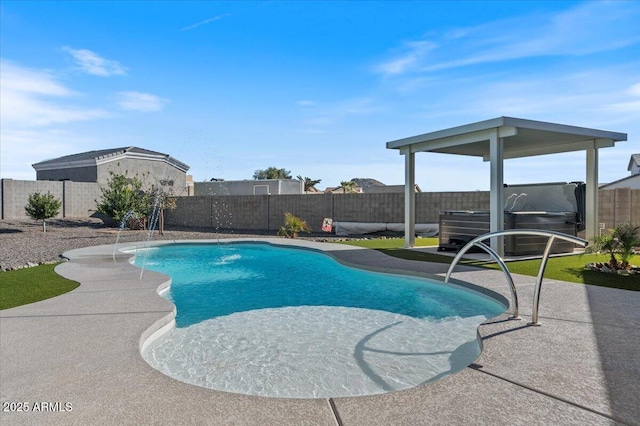 view of swimming pool featuring a fenced in pool, a patio, and a fenced backyard