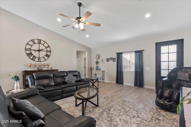 living room with lofted ceiling, recessed lighting, a ceiling fan, and light wood finished floors