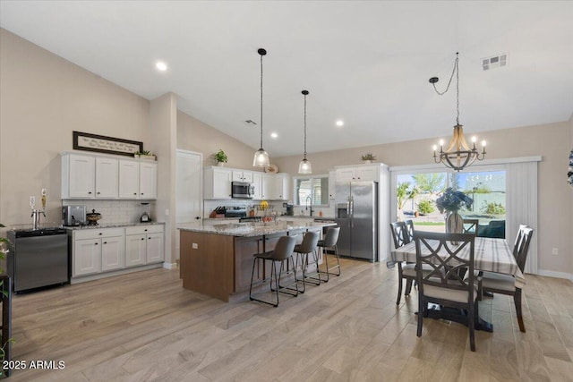 kitchen with visible vents, backsplash, a center island, appliances with stainless steel finishes, and white cabinets