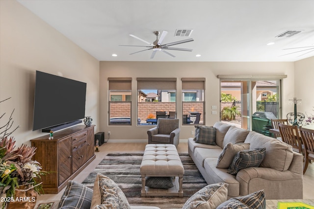 644 E Las Puertas Ln, Queen Creek, AZ 85140 - living area featuring a ceiling fan, visible vents, and recessed lighting