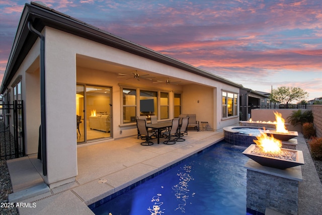 644 E Las Puertas Ln, Queen Creek, AZ 85140 - view of pool featuring an outdoor fire pit, a ceiling fan, outdoor dining space, fence, and a patio