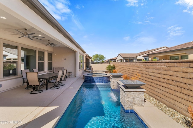 644 E Las Puertas Ln, Queen Creek, AZ 85140 - view of pool featuring a patio area, a pool with connected hot tub, fence, and a ceiling fan