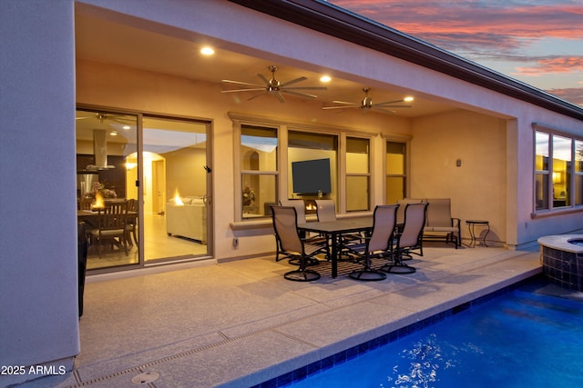 644 E Las Puertas Ln, Queen Creek, AZ 85140 - pool featuring outdoor dining space, a patio area, and a ceiling fan