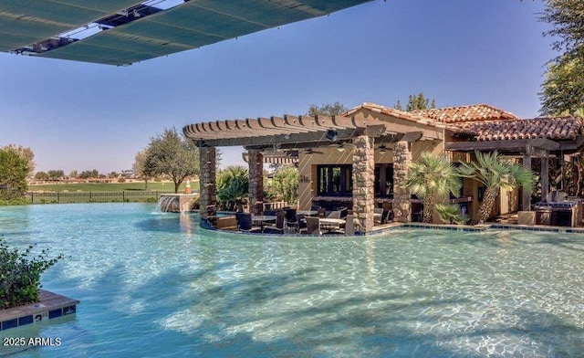 644 E Las Puertas Ln, Queen Creek, AZ 85140 - pool featuring a pergola and a ceiling fan
