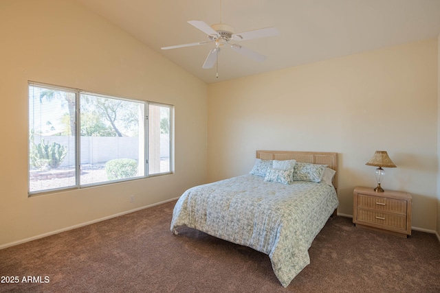 carpeted bedroom featuring ceiling fan and high vaulted ceiling