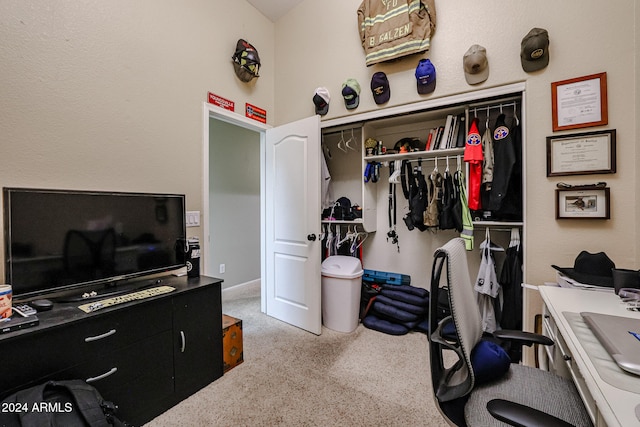 home office with light colored carpet