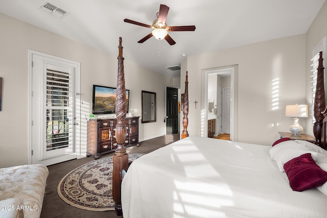 27276 N 81st Ln, Peoria, AZ 85383 - bedroom with carpet floors, access to exterior, connected bathroom, and a ceiling fan