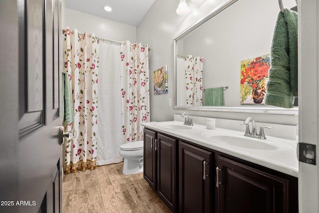27276 N 81st Ln, Peoria, AZ 85383 - bathroom with wood finished floors, toilet, double vanity, and curtained shower