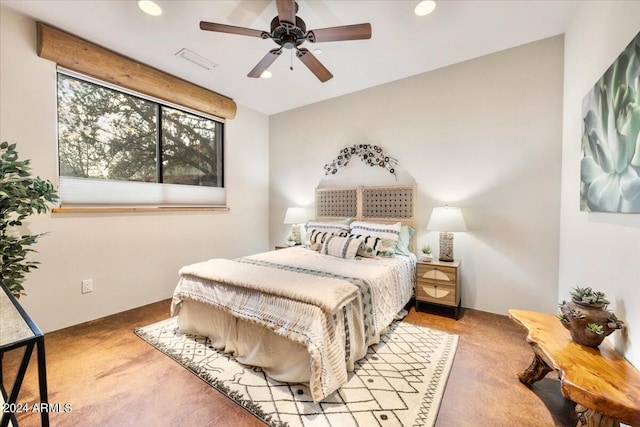 carpeted bedroom with ceiling fan