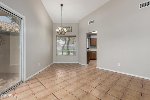 9002 W Caribbean Ln, Peoria, AZ 85381 - unfurnished room featuring high vaulted ceiling, light tile patterned floors, a chandelier, and baseboards