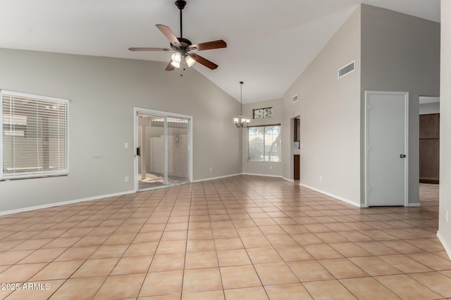 9002 W Caribbean Ln, Peoria, AZ 85381 - empty room featuring high vaulted ceiling, a chandelier, ceiling fan, baseboards, and light tile patterned flooring