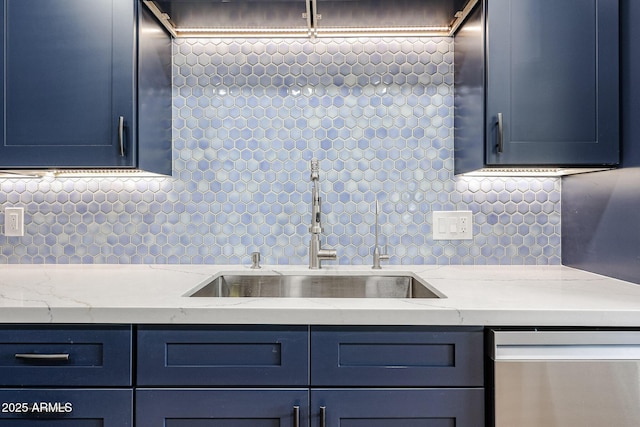 15225 N 100th St Unit 1185, Scottsdale, AZ 85260 - kitchen with stainless steel dishwasher, decorative backsplash, and blue cabinetry