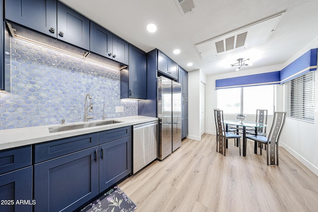 15225 N 100th St Unit 1185, Scottsdale, AZ 85260 - kitchen with appliances with stainless steel finishes, light wood-style flooring, blue cabinets, backsplash, and recessed lighting