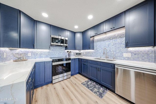 15225 N 100th St Unit 1185, Scottsdale, AZ 85260 - kitchen with stainless steel appliances, blue cabinetry, light wood finished floors, light stone countertops, and decorative backsplash