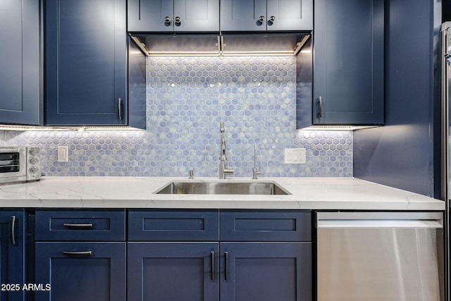 15225 N 100th St Unit 1185, Scottsdale, AZ 85260 - kitchen featuring dishwasher, decorative backsplash, blue cabinetry, and light stone counters