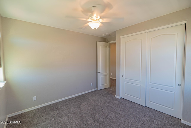 3796 E Rakestraw Ln, Gilbert, AZ 85298 - unfurnished bedroom with carpet floors, baseboards, a closet, and a ceiling fan