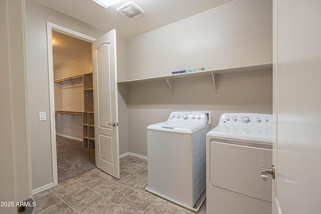 3796 E Rakestraw Ln, Gilbert, AZ 85298 - laundry room featuring washing machine and dryer, baseboards, and light tile patterned floors