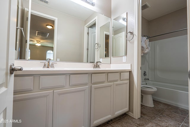 3796 E Rakestraw Ln, Gilbert, AZ 85298 - bathroom featuring toilet, shower / bathtub combination, double vanity, ceiling fan, and tile patterned flooring