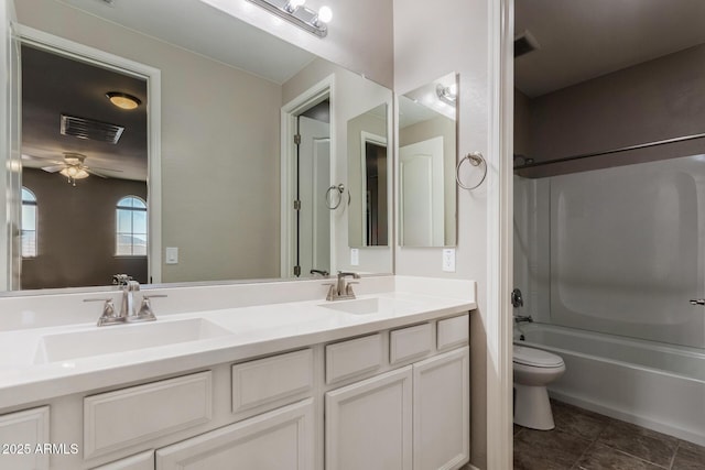 3796 E Rakestraw Ln, Gilbert, AZ 85298 - full bath with toilet, double vanity,  shower combination, a ceiling fan, and tile patterned floors