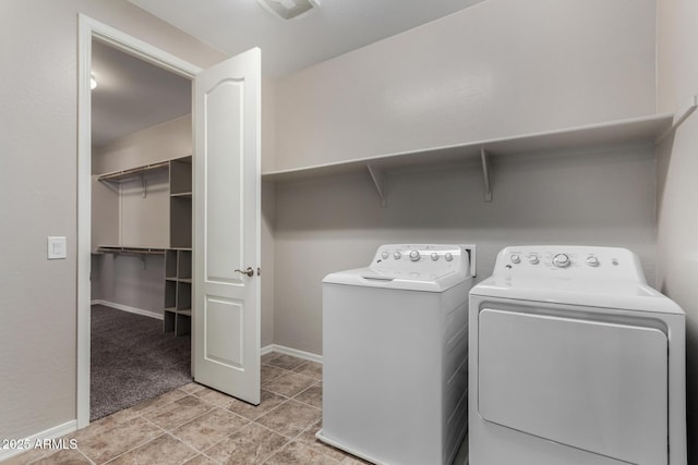 3796 E Rakestraw Ln, Gilbert, AZ 85298 - clothes washing area featuring washer and clothes dryer, baseboards, light tile patterned floors, and light carpet