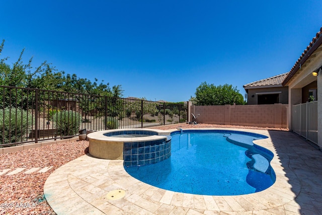 3796 E Rakestraw Ln, Gilbert, AZ 85298 - view of swimming pool with a fenced backyard and a pool with connected hot tub