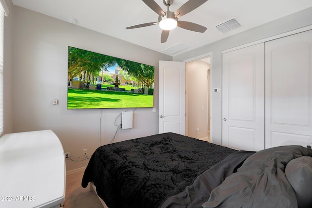 15072 W Mckinley St, Goodyear, AZ 85338 - bedroom with carpet, baseboards, ceiling fan, visible vents, and a closet