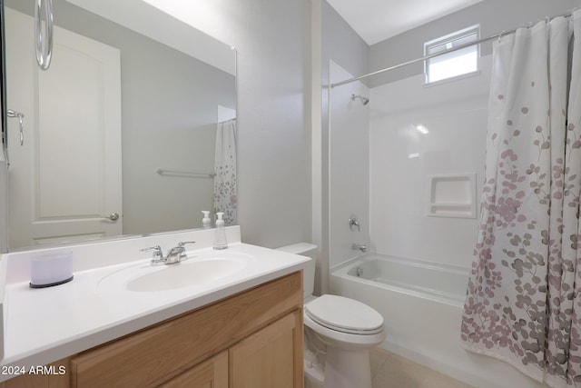 15072 W Mckinley St, Goodyear, AZ 85338 - full bathroom with toilet, shower / bath combination with curtain, tile patterned flooring, and vanity