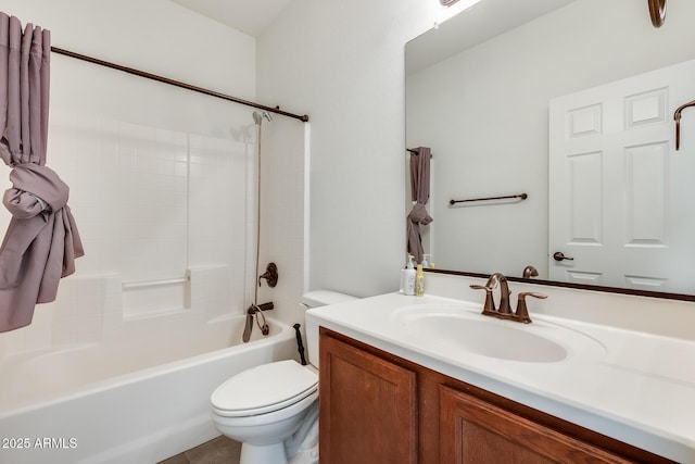 bathroom with vanity, toilet, and bathing tub / shower combination