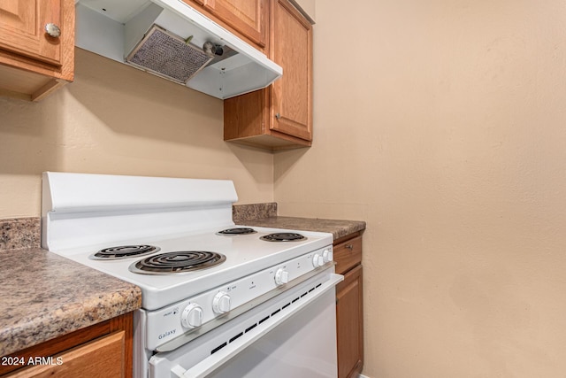 kitchen with white range with electric stovetop and range hood