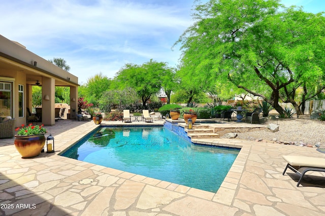 pool featuring a patio, an in ground hot tub, and ceiling fan